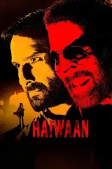 Haiwaan (2026) movie poster featuring Akshay Kumar as a visually impaired man, Saif Ali Khan as a menacing convict, and Boman Irani as a judge, with dark thriller tones