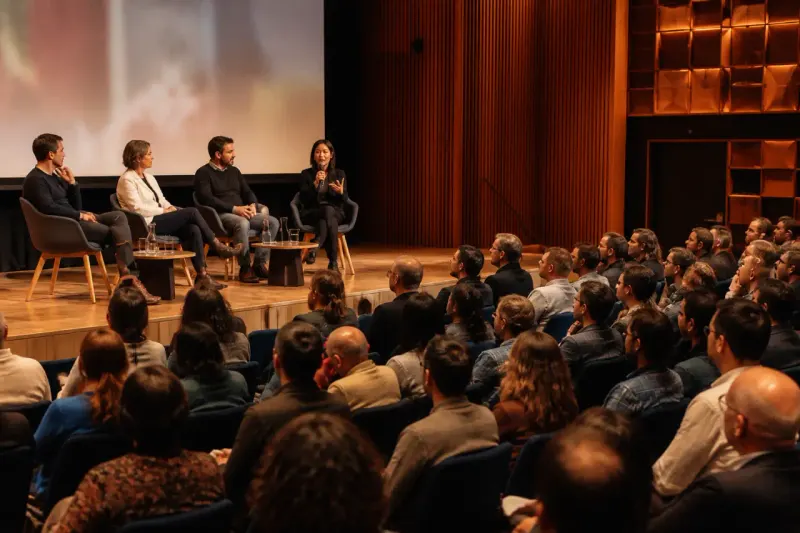 Public forum where experts discuss AI risks and safety measures with an audience participating.