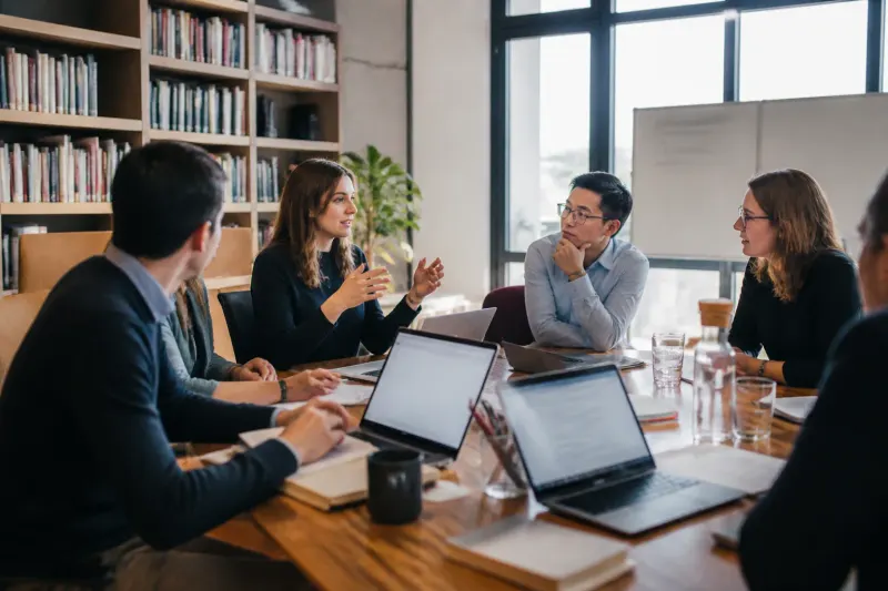 A group of researchers discussing the implications of AI in a conference room.