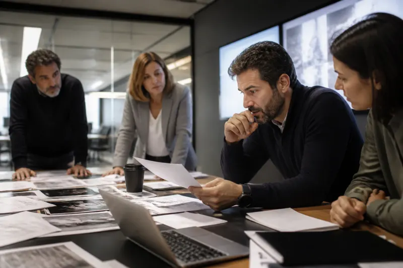 A team of cybersecurity experts discussing a security report in an office setting.