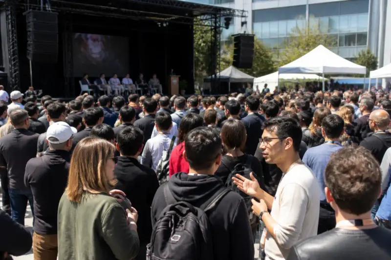 A political rally where people are engaging in discussions about technology regulations.