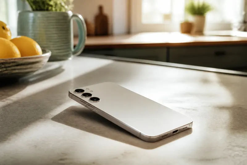 A Samsung Galaxy S24 smartphone displayed prominently on a wooden table.