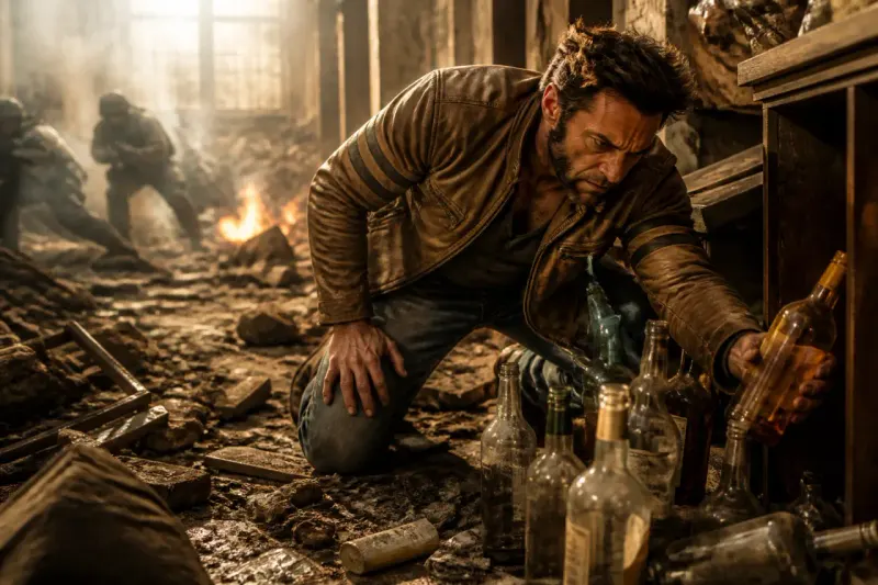 Marvel's Wolverine in action, searching for whiskey bottles.