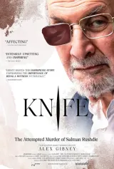 Poster for Knife: The Attempted Murder of Salman Rushdie (2026) showing a solemn Salman Rushdie against a muted background, reflecting the documentary's serious tone