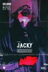 Jacky (2026) movie poster featuring a distorted VHS-style image of a woman emerging from a television screen, with tracking errors and analog glitches