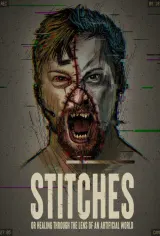 Stitches (2026) movie poster featuring a fragmented digital portrait suggesting three identities merging through technological distortion