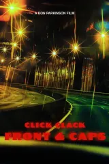 Click Clack, Front & Caps (2026) movie poster showing a car interior at night with two young adults in tense conversation, police lights reflected in the windshield