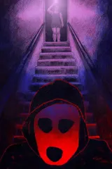 Poster for Bullet and Lace (2026) showing a neon‑lit apartment hallway with a masked figure lurking behind a glowing podcast microphone