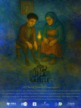 Gazelle 2026 movie poster featuring a dark Kurdish mountain landscape with an elderly couple silhouetted against a doorway where a small hooved figure stands
