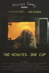 Two Minutes, One Cup (2026) movie poster showing a woman embracing a noodle-like creature in a kitchen setting