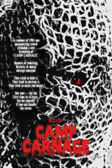 Camp Carnage (2026) poster featuring degraded VHS-style artwork of a summer camp at night with a shadowy figure emerging from the tree line