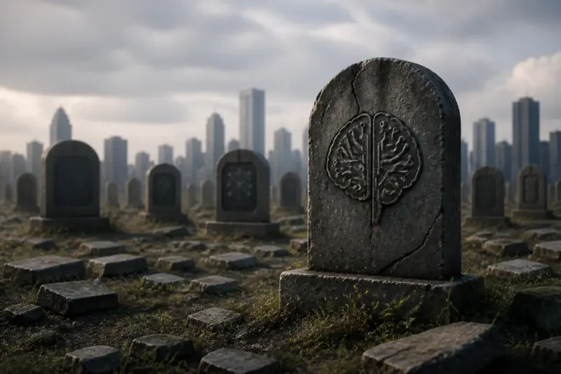 A visual representation of the concept of failed AI projects, showing a gravestone labeled 'AI Graveyard'.