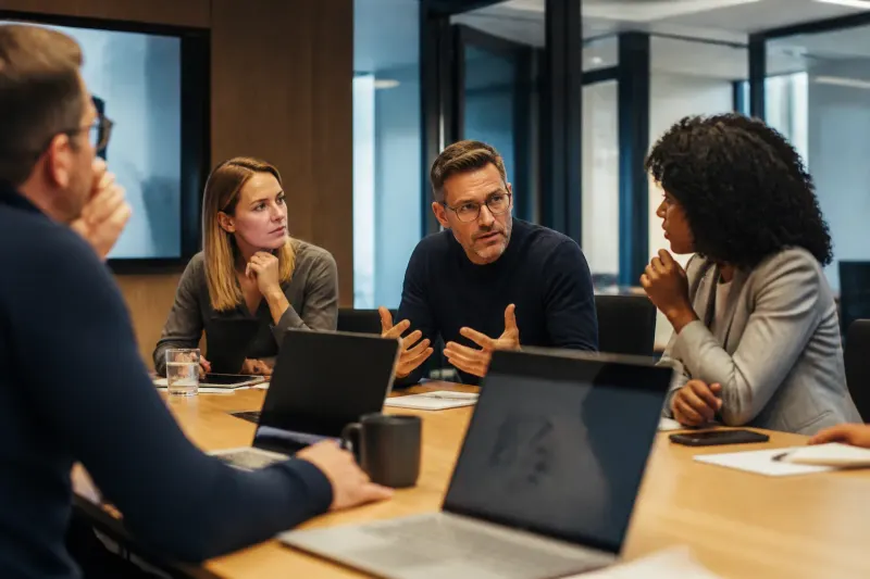 A privacy-focused discussion in a tech meeting room regarding Microsoft Recall and its implications for users.