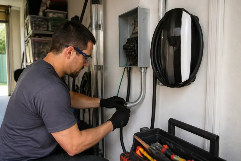 Electrician installing a Level 2 charger
