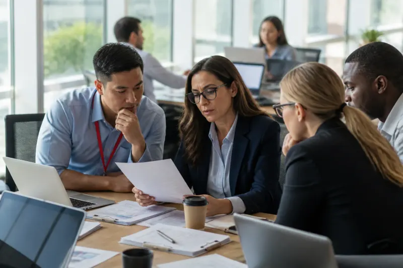 A cybersecurity team in a modern office discussing data protection measures