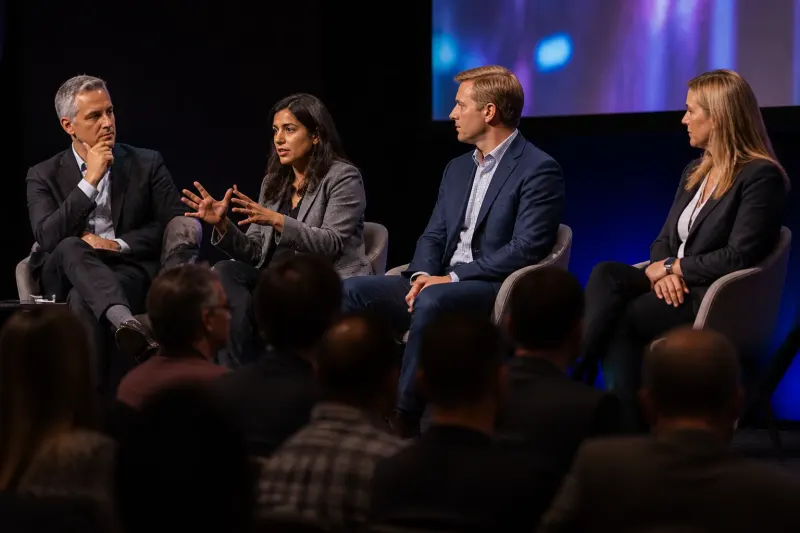 Security experts deep in discussion about AI threats at a conference.