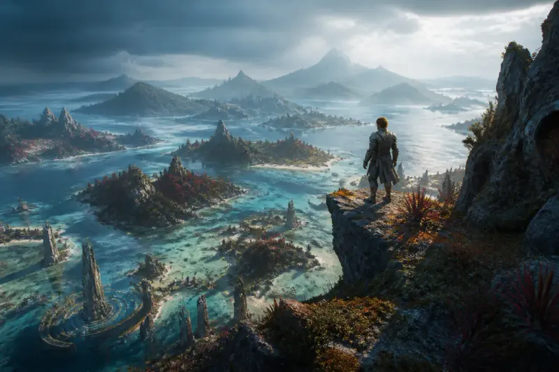 An expansive view of the fantastical world of Endless Legend 2, showcasing stormy seas and emerging landmasses.