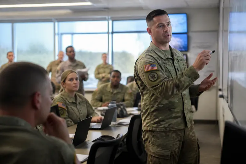Cyber Command personnel engaged in operations briefing at Fort Meade
