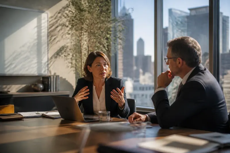 Two legal experts discussing AI antitrust regulations at a conference table.