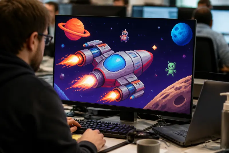 A humorous illustration of the Big Thruster spaceship in the game.