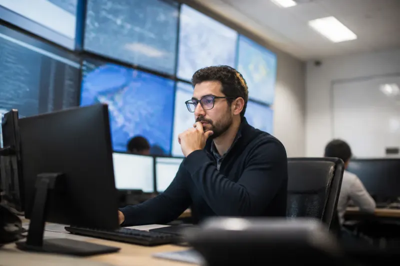 A cybersecurity analyst monitoring energy system security protocols.