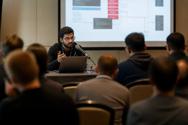 A researcher demonstrating the BragJack attack on a browser at a cybersecurity conference.