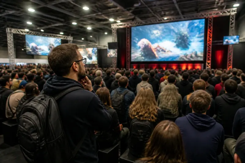 The audience visually engaging with new game trailers at the event.