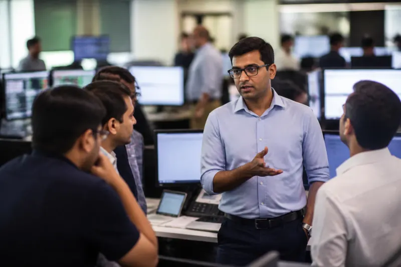 A small group of traders discussing their strategies at Kalshi's trading floor.