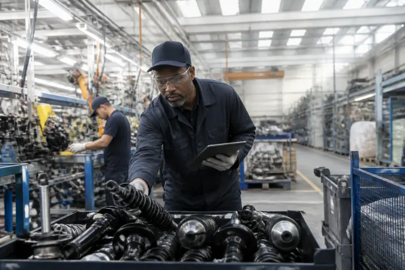 A busy auto parts manufacturing floor with workers managing logistics and inventory.