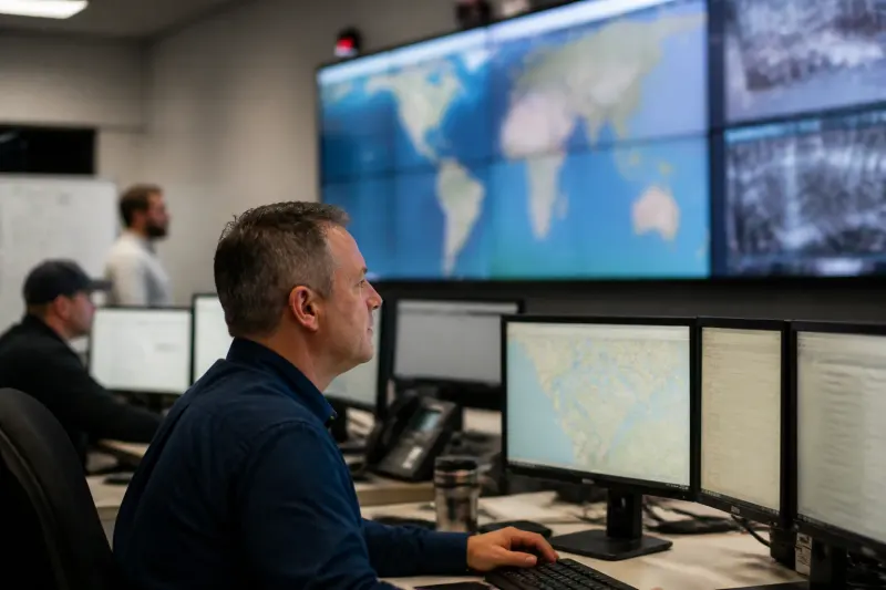 An inventory control room with systems in place for monitoring supply chain actions.