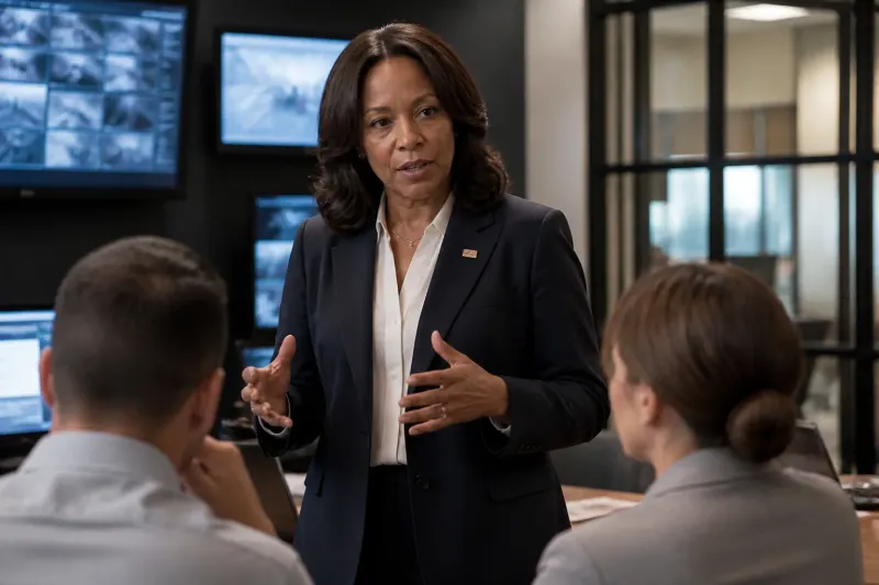 Noopur Davis during a serious meeting discussing security threats