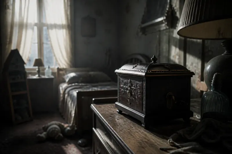 A suspenseful scene from Silent Hill Townfall showing Zoe's bedroom featuring the organ box puzzle.