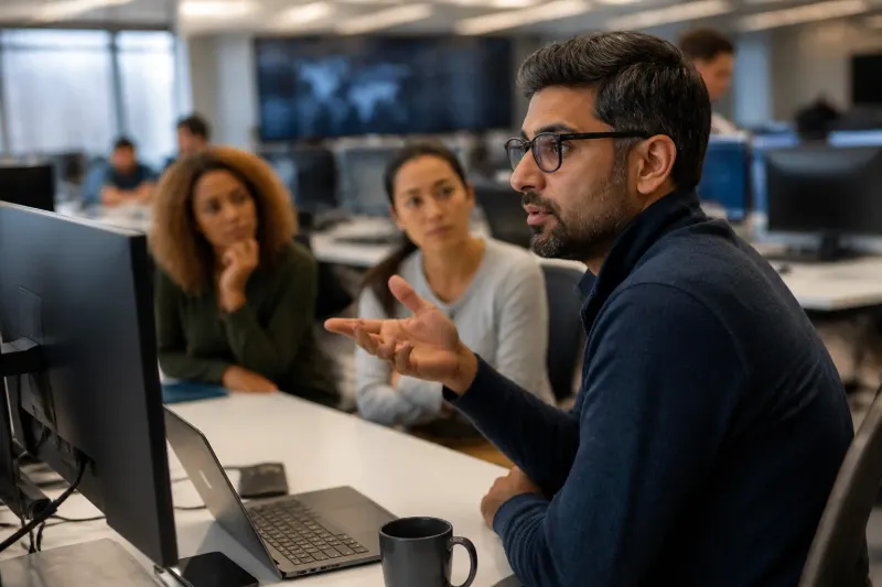 A cybersecurity team discussing measures against shadow IT risks in an office.