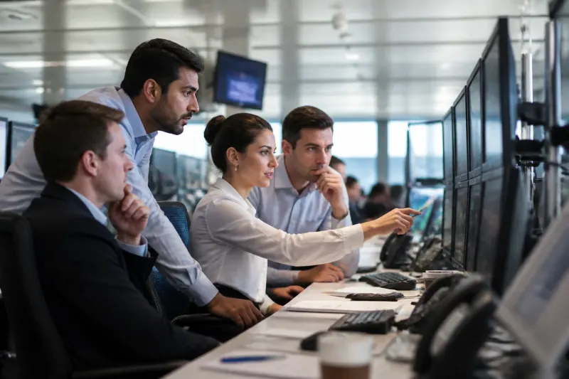 Bankers evaluating financial stability data in a team meeting