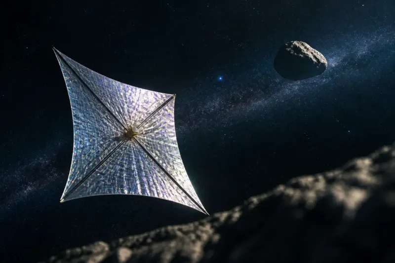 Conceptual illustration of a diffractive solar sail in space targeting an asteroid