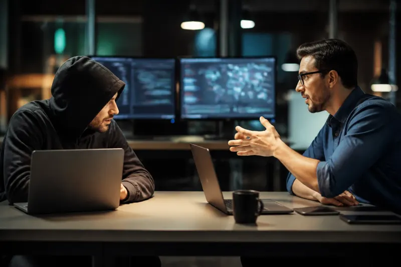 A contrast of a hacker and cybersecurity expert engaging in a digital duel.
