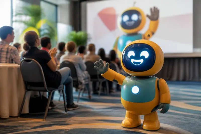 A smiling AI mascot Jolly in a playful pose, inviting interaction.