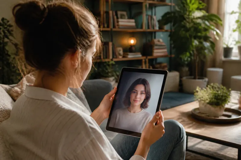 A person interacting with a virtual AI mascot on a tablet.
