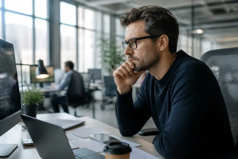 A digital security consultant analyzing AI models in a modern office setting.