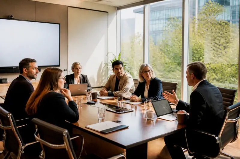 A group of tech executives gathered in a sunlit conference room, discussing AI safety protocols.