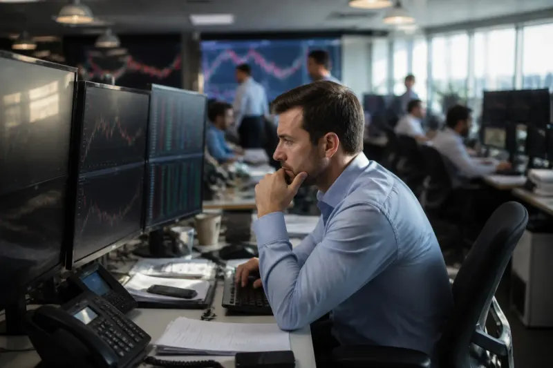 A bustling cryptocurrency trading office with multiple screens showing altcoin data.