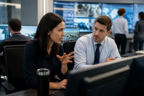 A cybersecurity team monitors threats in a control room.