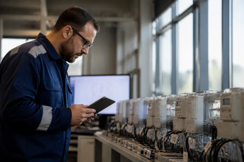 A technician inspecting metering devices in a water utility facility.
