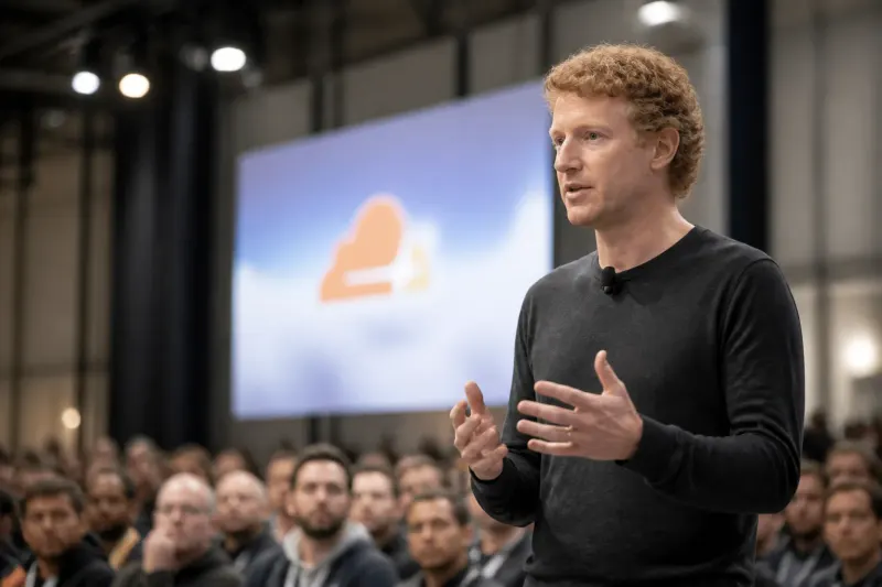 Matthew Prince speaking at a tech conference about AI and web traffic.