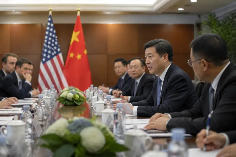 US and Chinese officials discussing AI frameworks in a conference room.