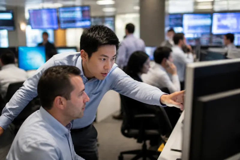A busy crypto trading floor with traders analyzing the market.