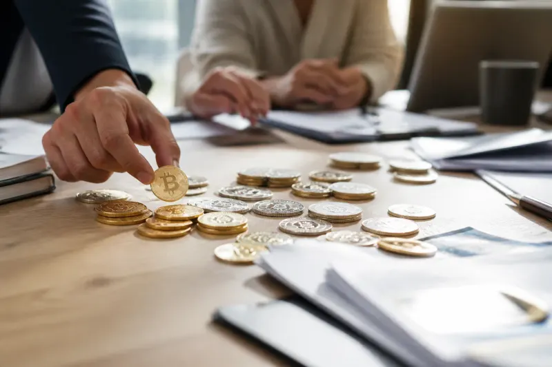 A close-up of tokens on a table with charts and reports in the background.
