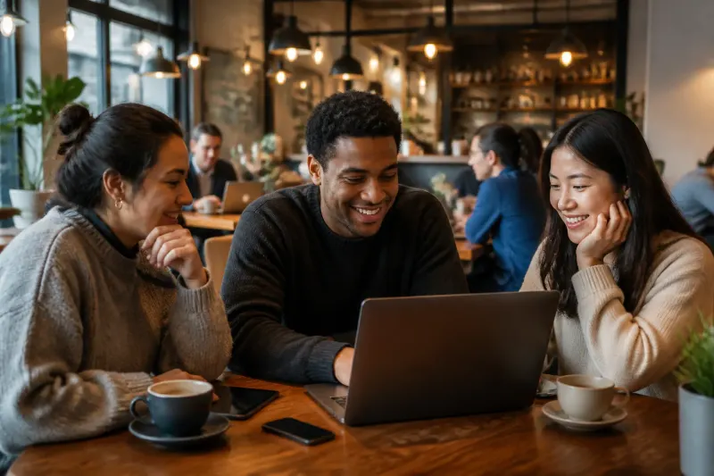 A group of diverse individuals interacting with the Muse AI app on their devices.