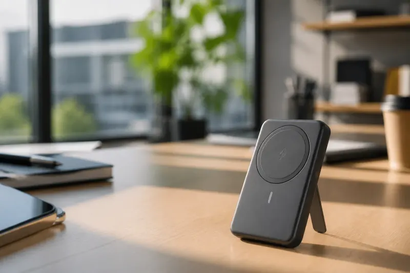 Xiaomi UltraThin Magnetic Power Bank 5000 on a table during a product layout.