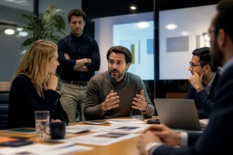 A group of business professionals discussing strategy around a table.